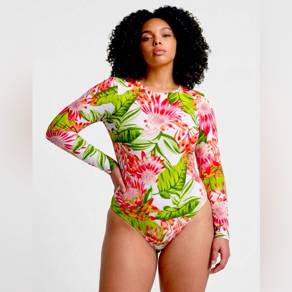 Womens Swimsuit Caribbean Joe Long Sleeve Rash Guard One Piece XL Tie Back *NWT*